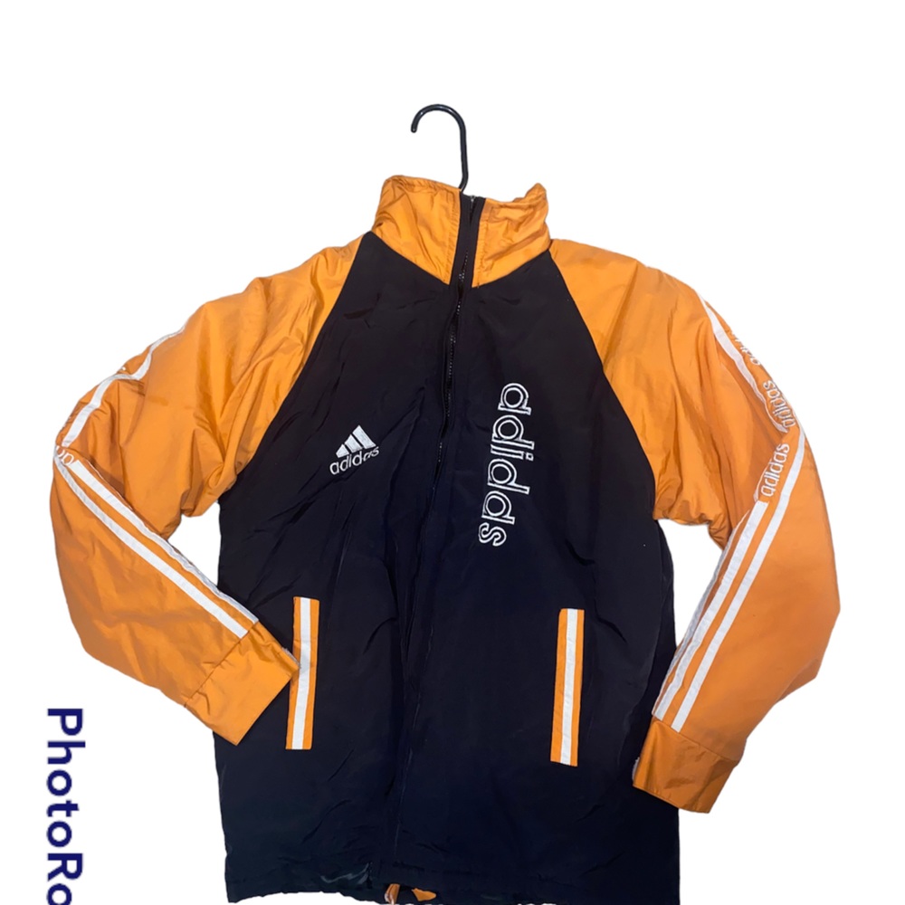 VINTAGE RARE 90s ADIDAS ORANGE BLACK JACKET THREE STRIPE W/ Hood